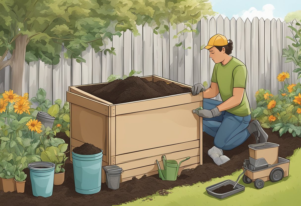 A person assembling a compost bin in a garden, surrounded by tools, soil, and organic waste