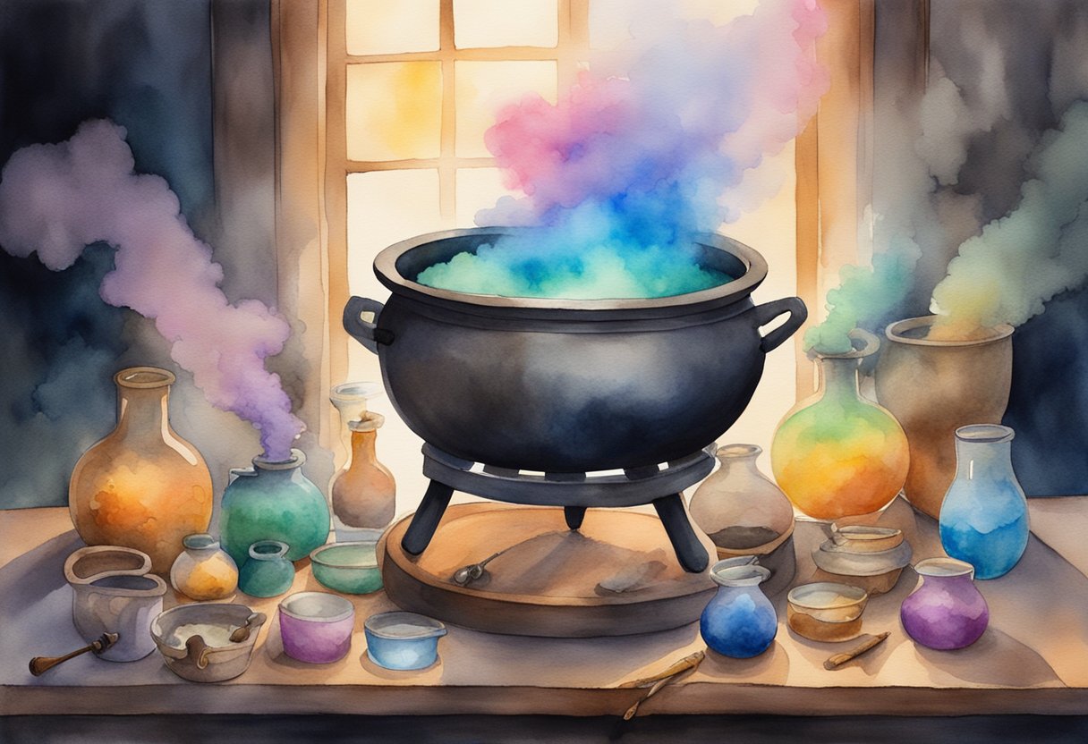 A bubbling cauldron emits colorful smoke in a dimly lit room, surrounded by ancient alchemical tools and mysterious ingredients