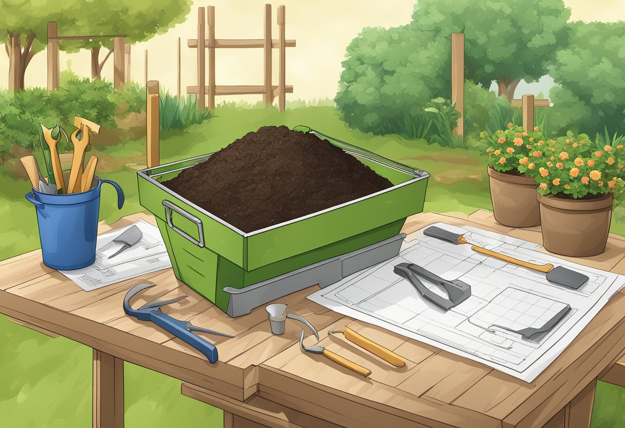 A table with tools and materials for building a compost bin. Instructions and diagrams are spread out on the table. Garden in the background