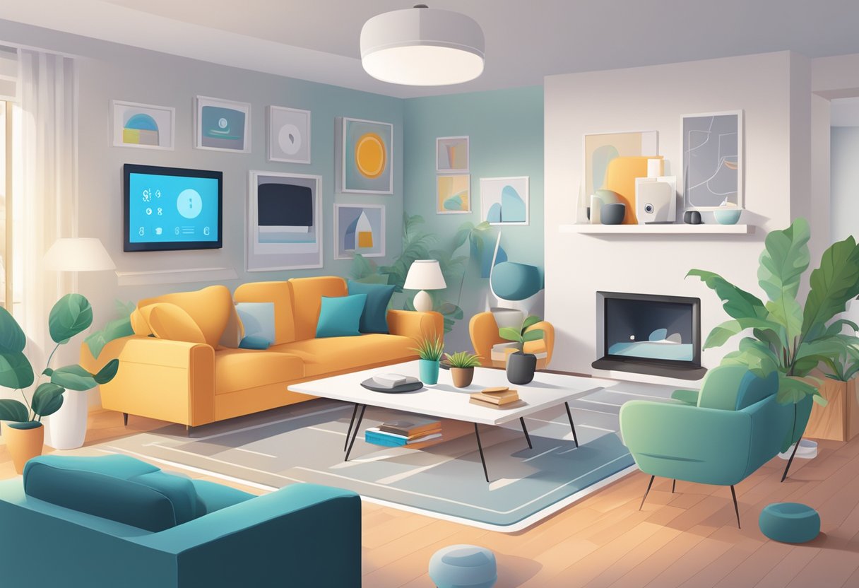 Smart home tech: Devices like smart speakers, thermostats, and security cameras in a modern living room