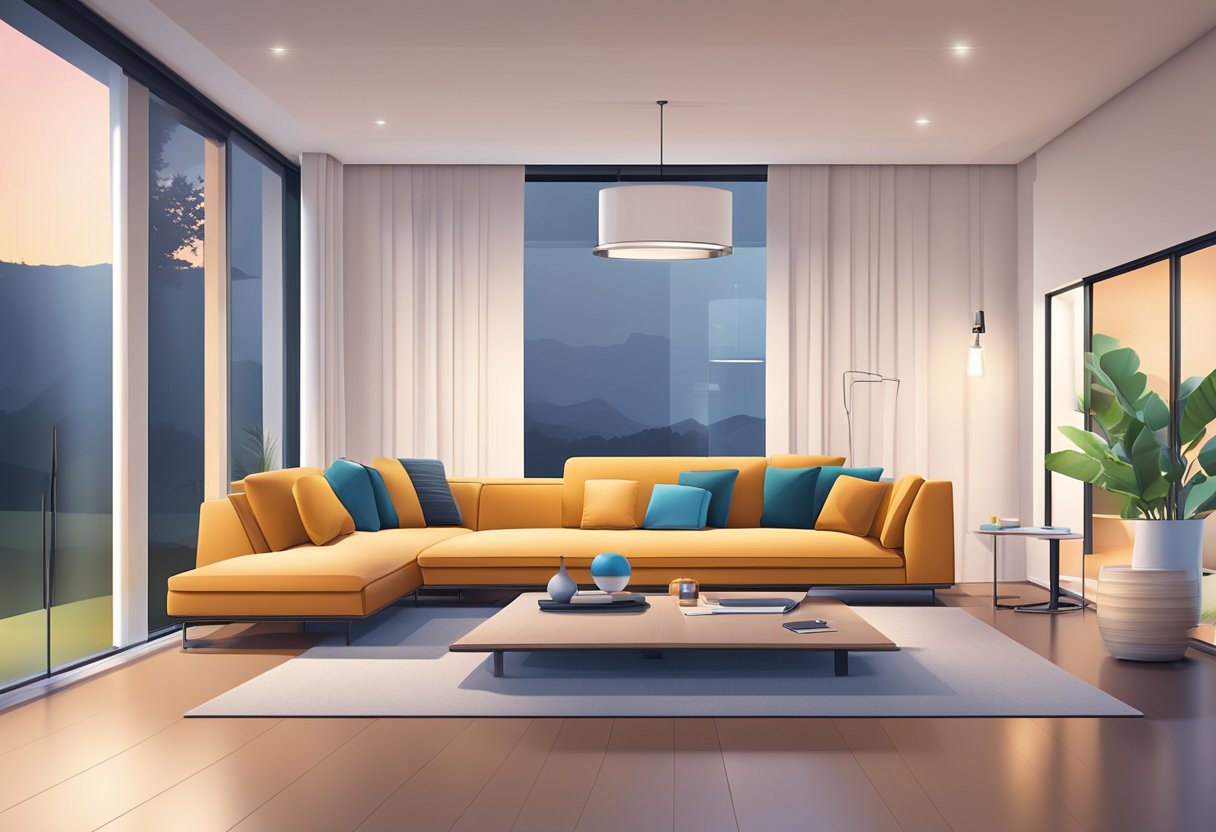 Smart home devices and connectivity: A sleek, modern living room with voice-activated lights, automated blinds, and a central control panel