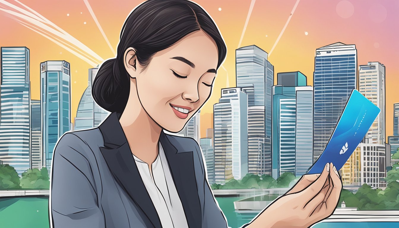 A woman in Singapore reviews a DBS World Card, surrounded by city skyline and modern architecture