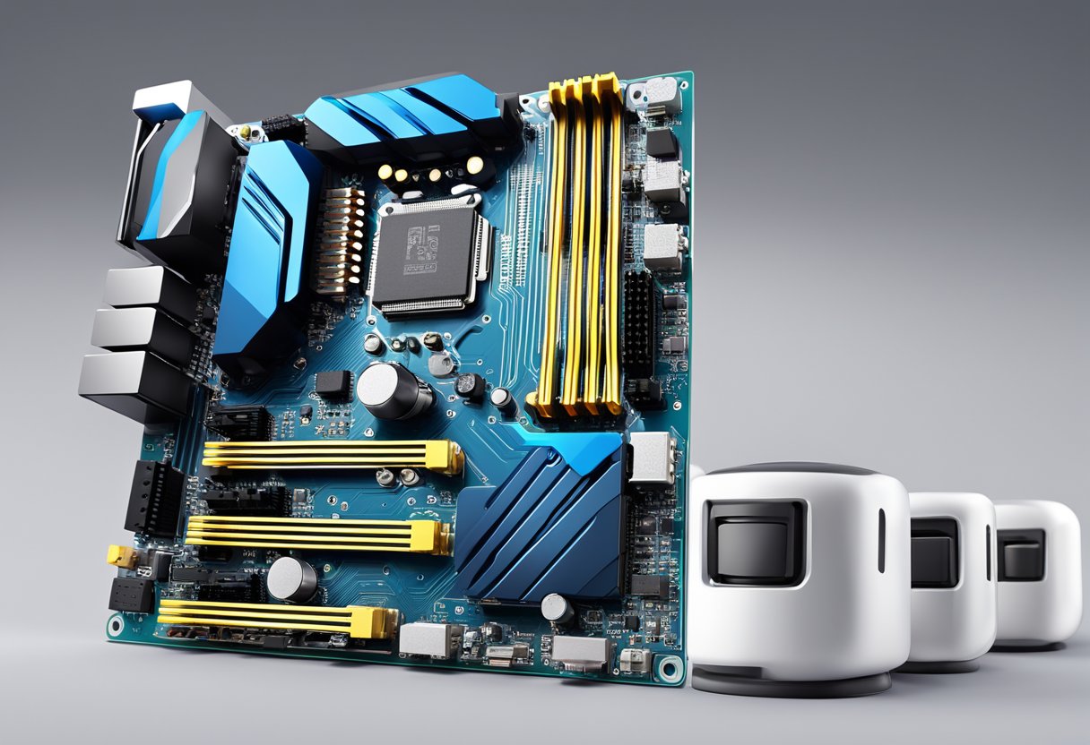 A computer motherboard with visible CPU socket and voltage regulator, displaying fluctuating voltage levels