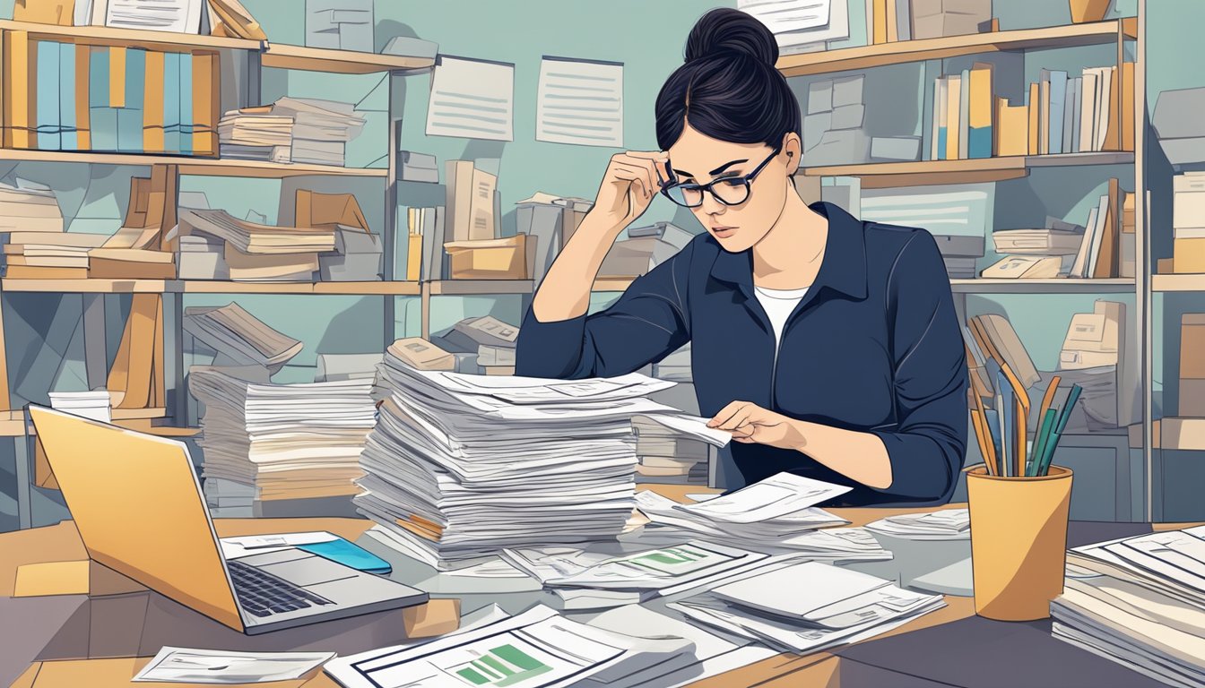 A woman examines a credit card statement with a concerned expression, surrounded by bills and financial documents