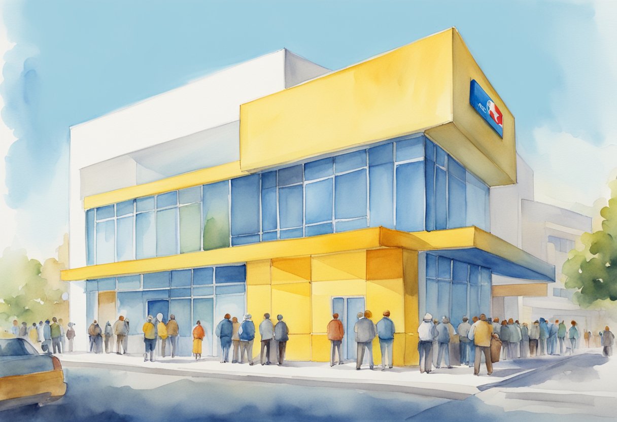 A bright yellow Capitec bank building stands tall against a clear blue sky, with a line of customers waiting outside the entrance