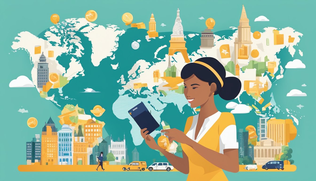 A woman in a bustling city, holding a credit card with a world map design, surrounded by iconic landmarks and symbols of global commerce