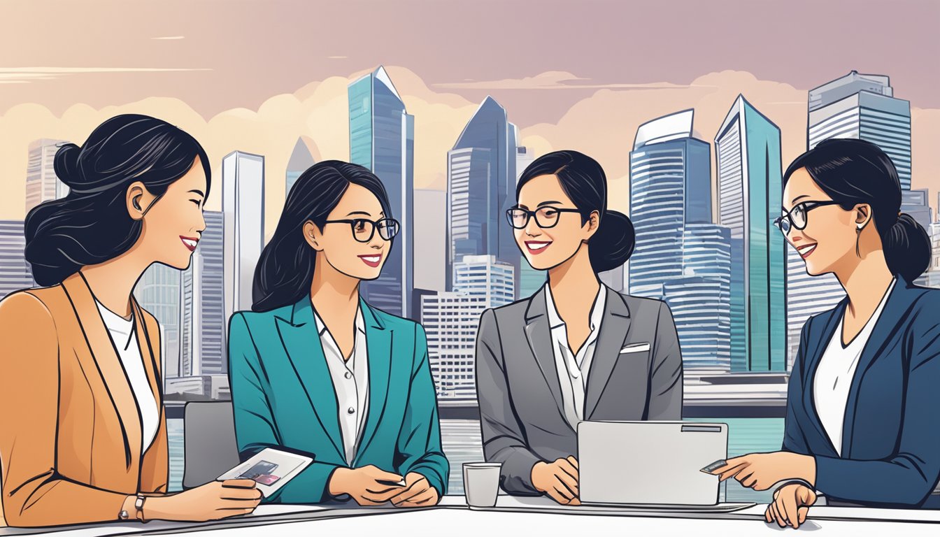 A group of women in business attire gather around a table, each holding a DBS credit card, with the Singapore skyline in the background