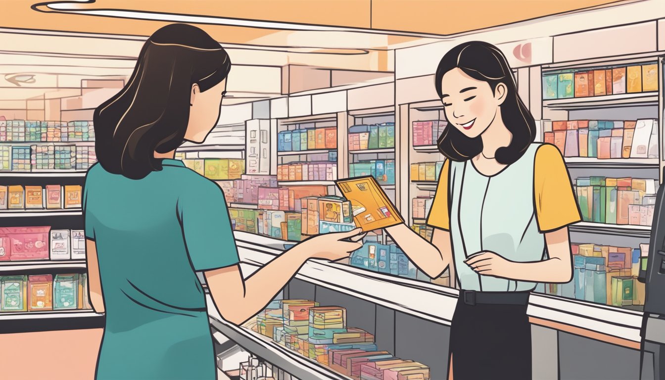A woman swipes her DBS Women's Card at a Singaporean store, earning rewards