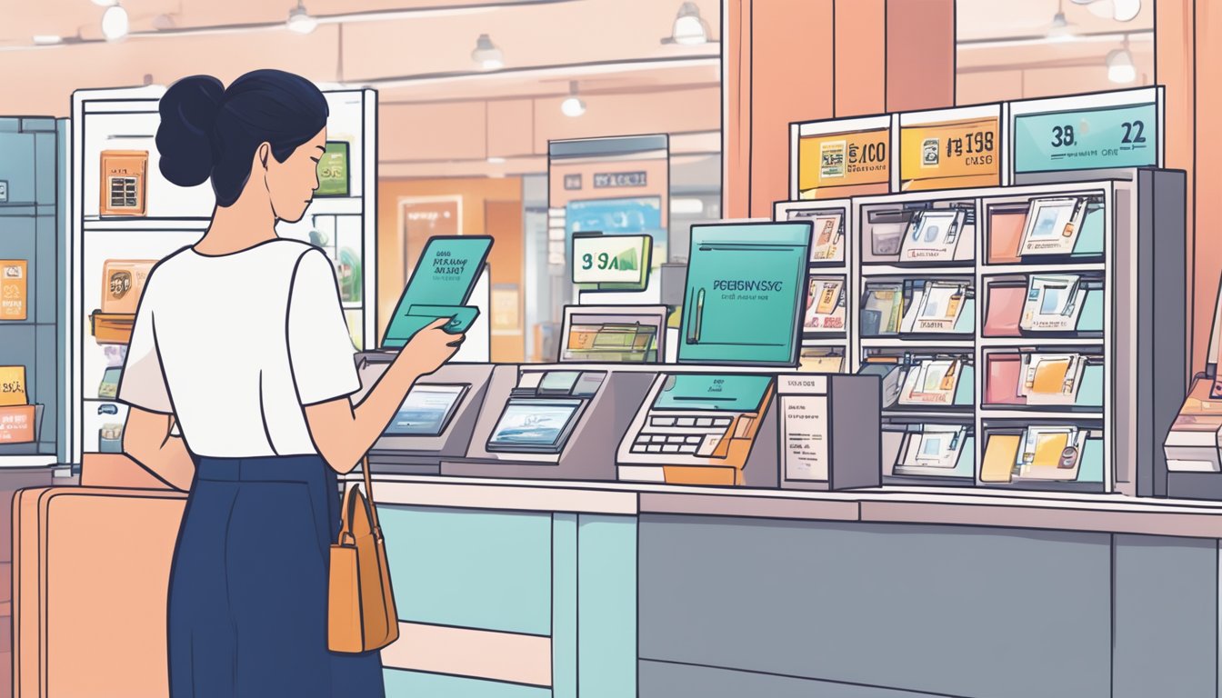 A woman swiping her DBS women card at a Singapore store, with a clear display of fees and charges on the screen