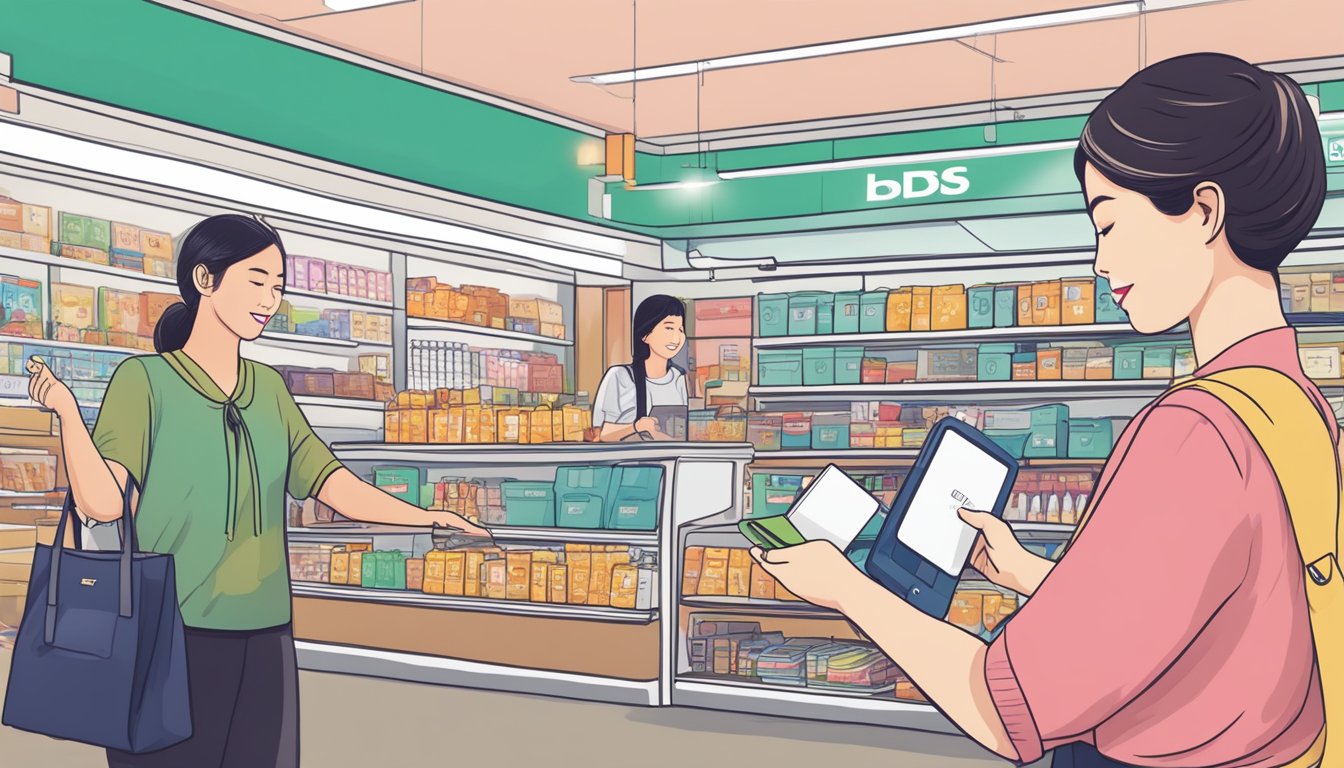 A woman in Singapore swiping her DBS women card wisely at a local store
