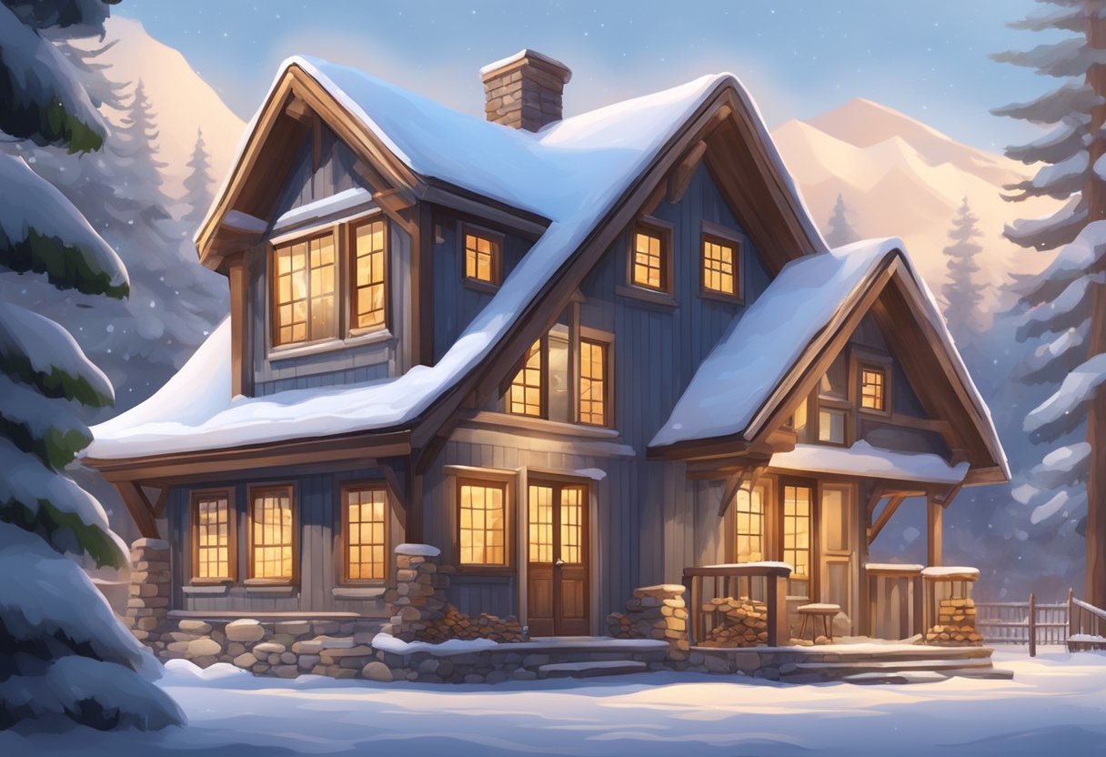 A cozy home with snow-covered roof, clean gutters, and sealed windows. Firewood stacked neatly by the fireplace, and a well-maintained heating system