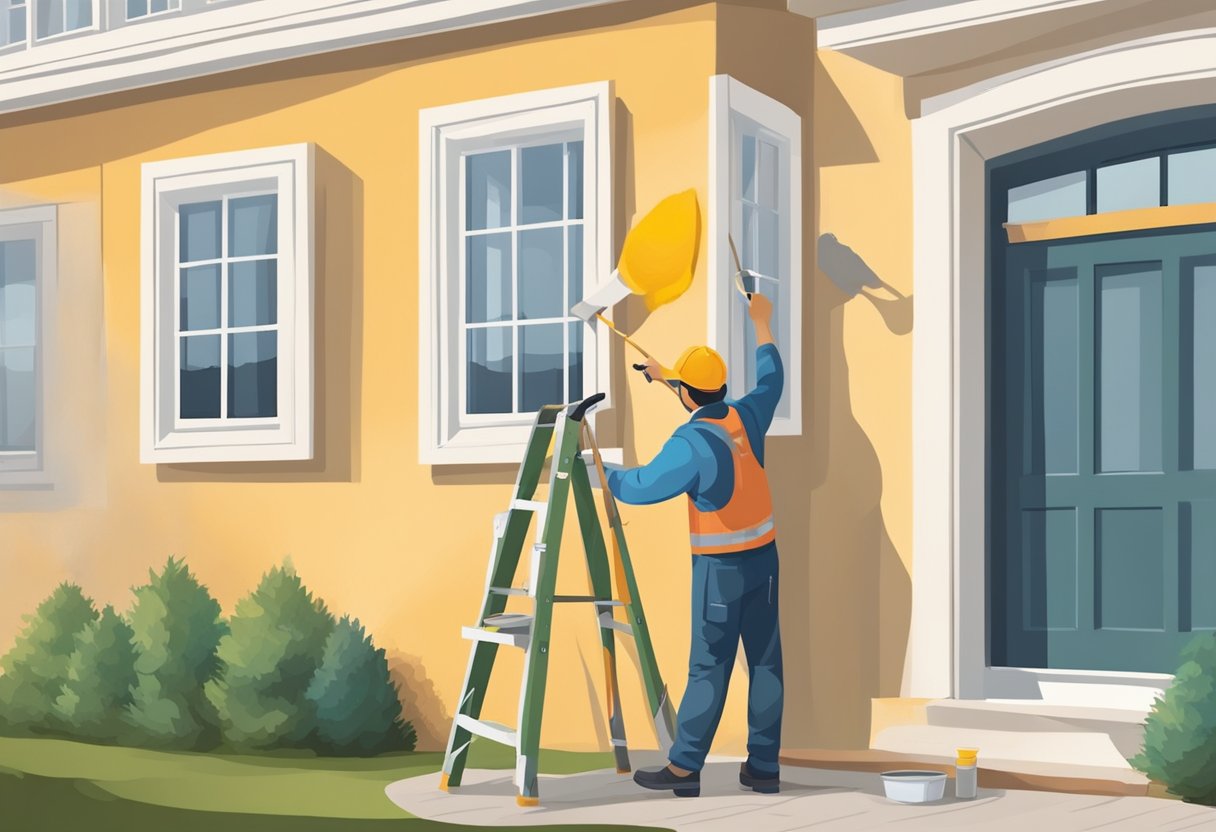 A person is painting the exterior of a house, preparing it for winter. They are using a brush to apply a protective coating to the walls and trim