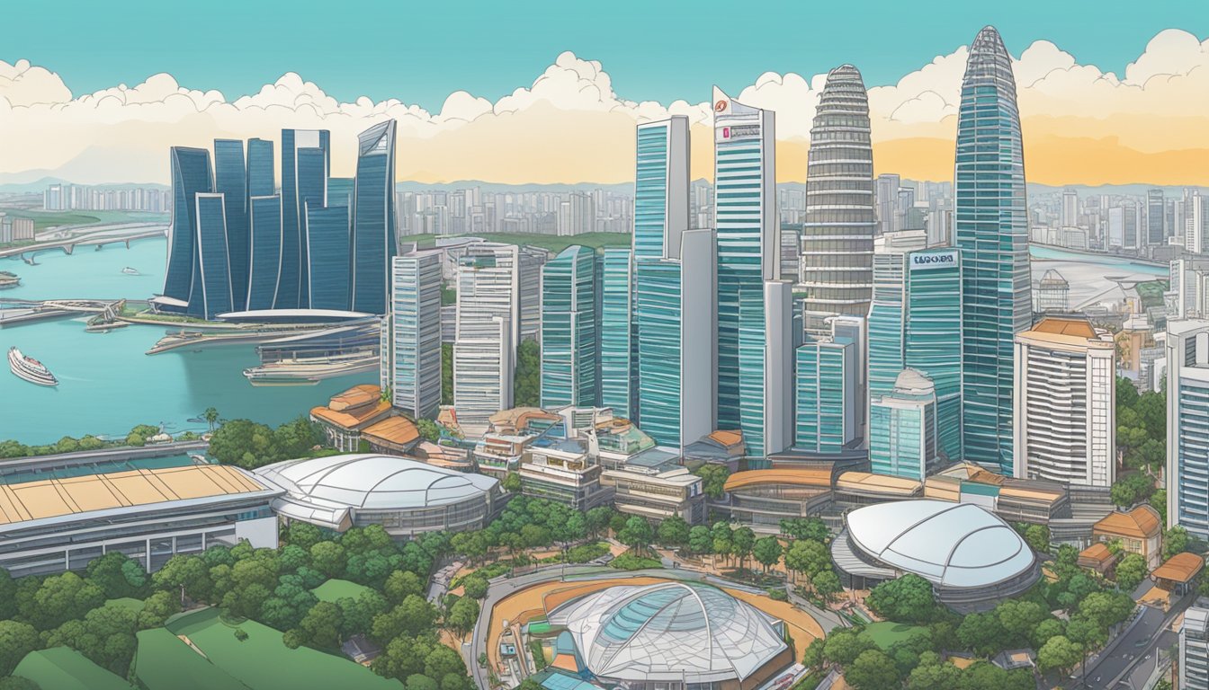 A panoramic view of Singapore's iconic skyline with the DBS World Woman card prominently displayed in the foreground