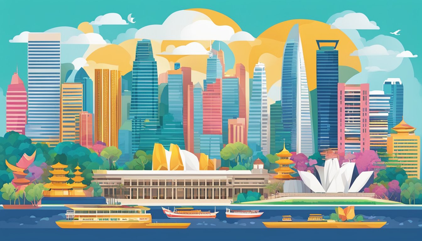 A vibrant and modern Singaporean woman's world card, featuring iconic city landmarks and cultural symbols