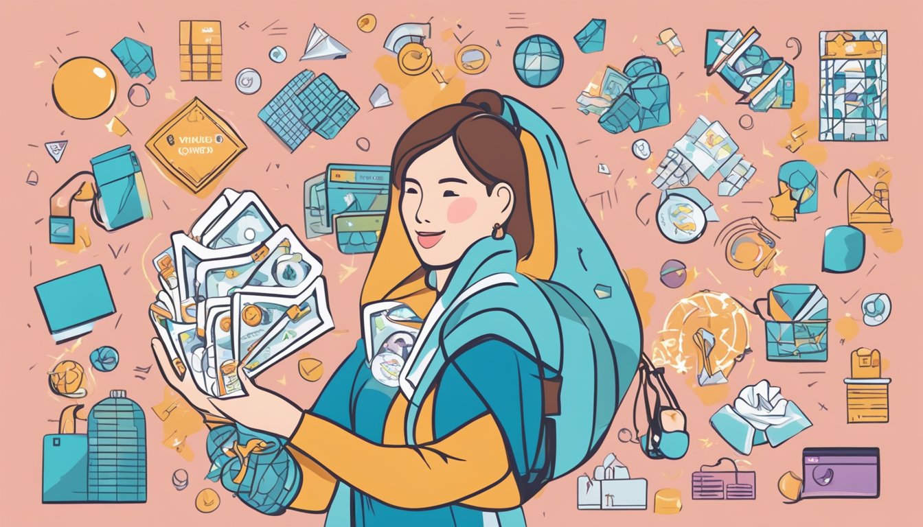 A woman's hand holding a DBS World Woman Card, surrounded by symbols of rewards and benefits in Singapore