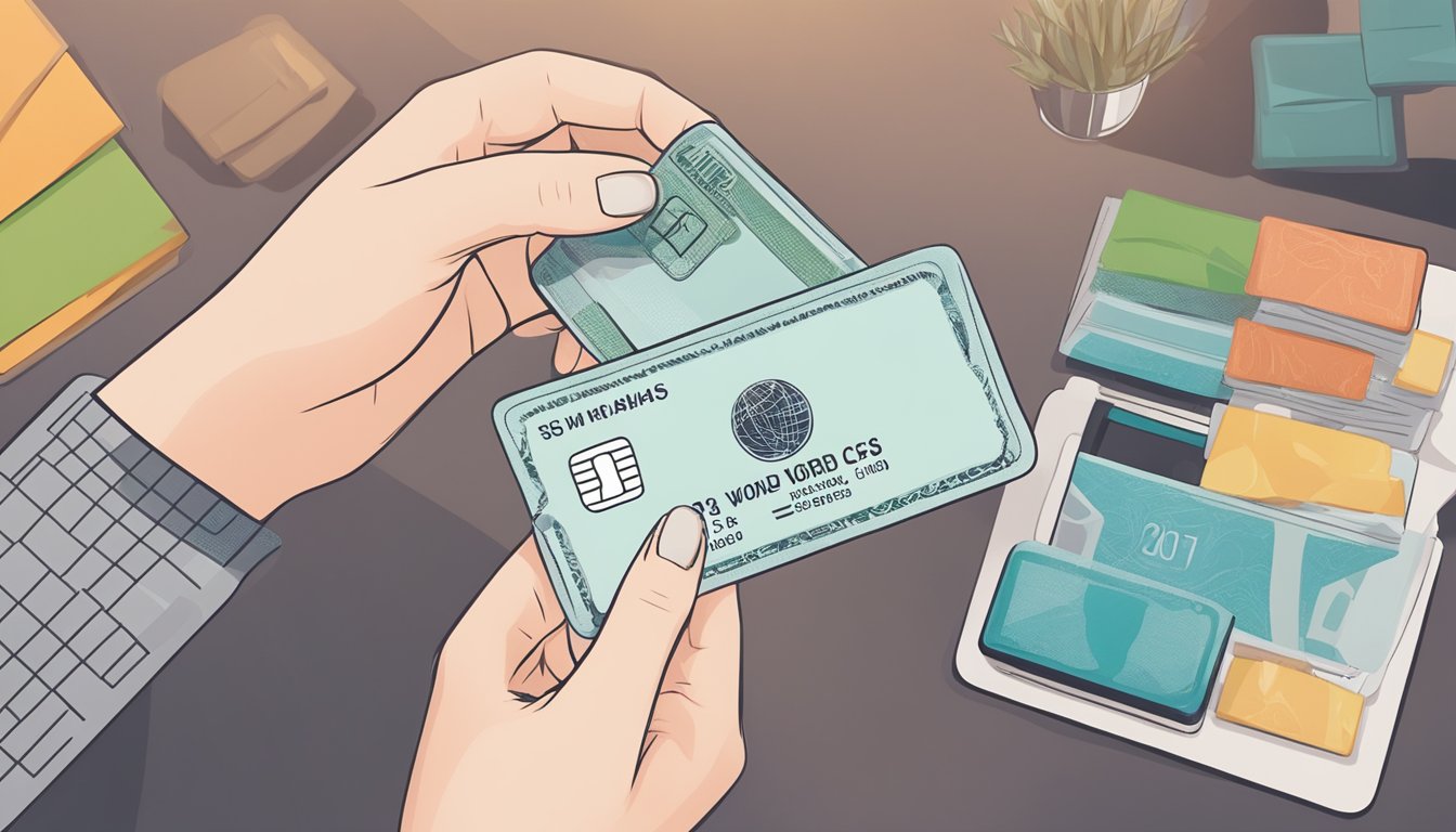 A woman's hand holding a DBS World Woman Card while making online and overseas purchases in Singapore