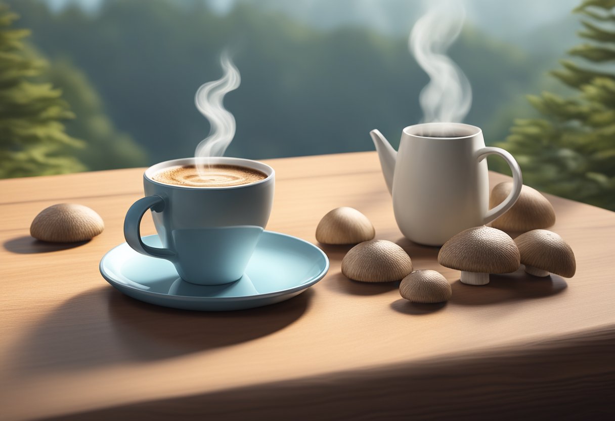 A steaming cup of mushroom coffee sits on a minimalist table, surrounded by a serene, natural backdrop