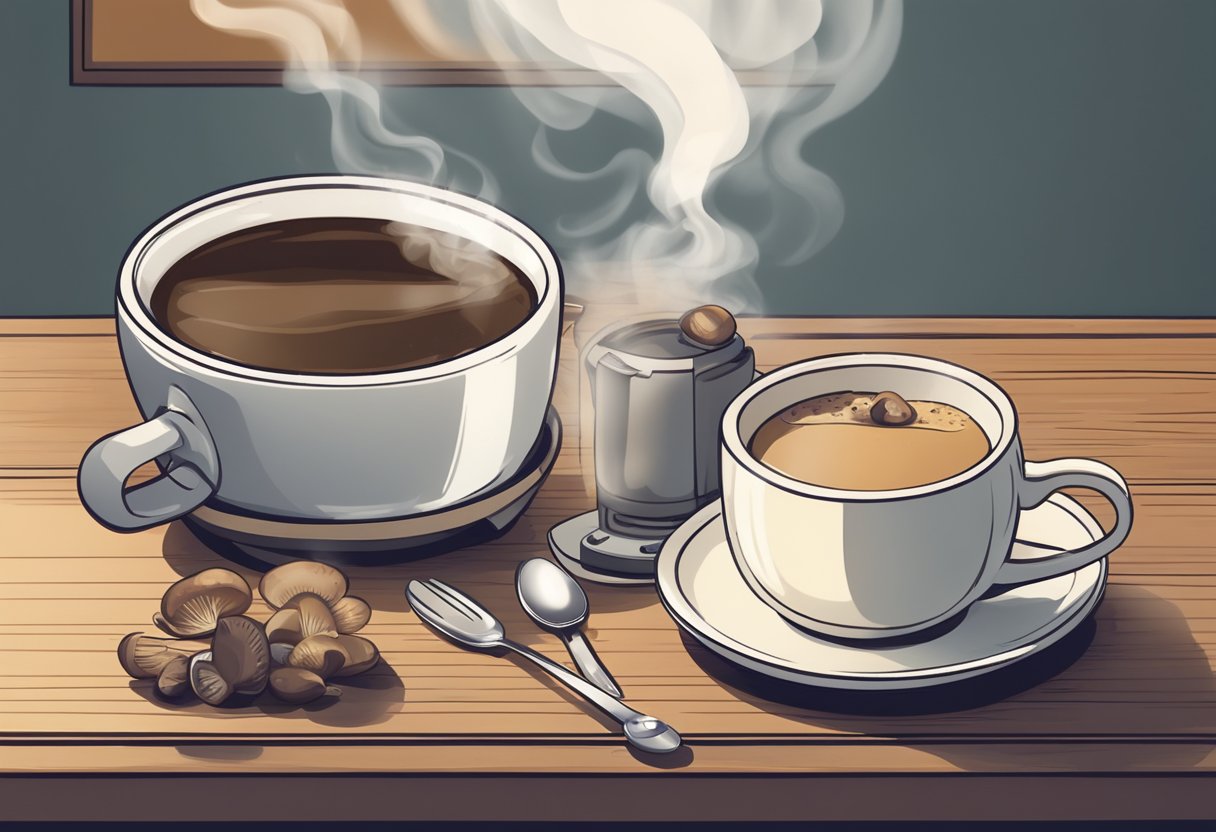 A steaming cup of mushroom coffee sits on a table, surrounded by a timer set for fasting