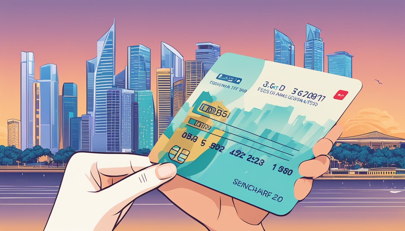 A woman's hand swiping a dbs world woman card with singapore skyline in the background, displaying fees and charges
