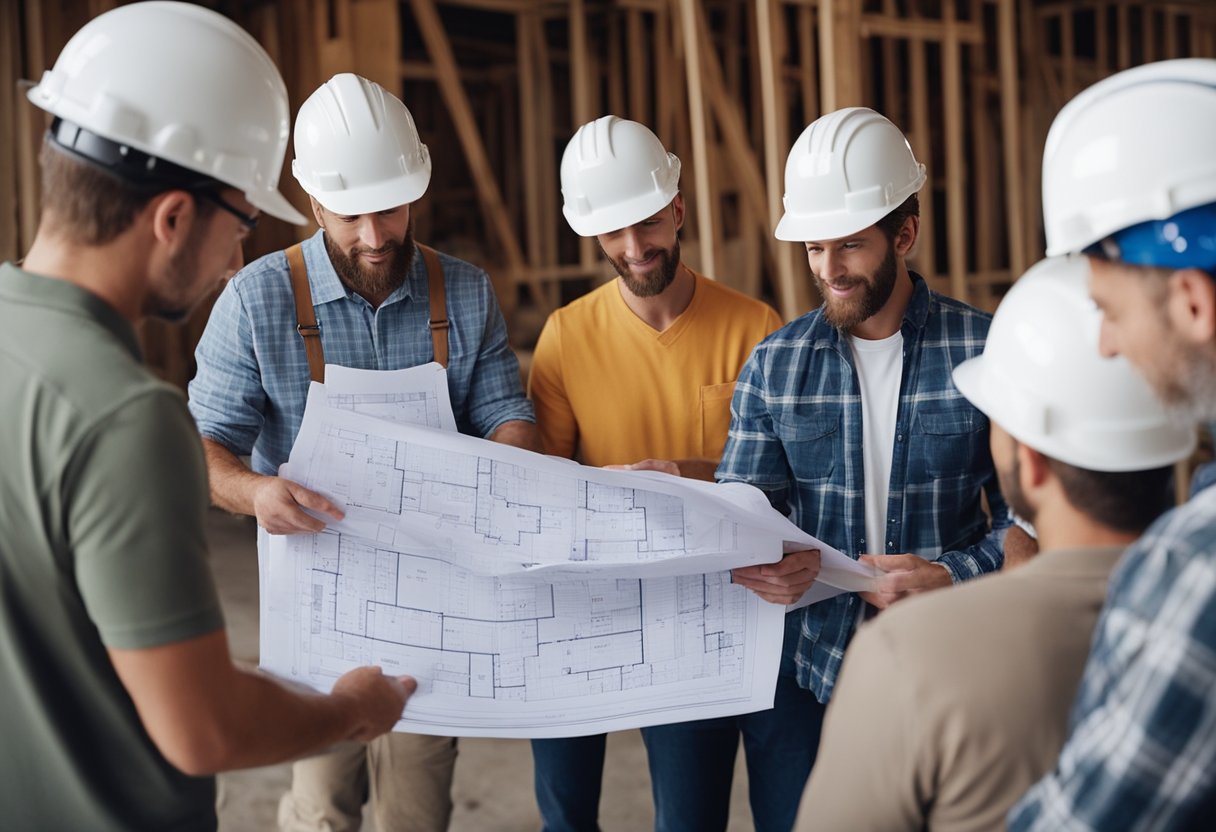 A homeowner reviews blueprints while a group of contractors present their proposals for a house construction project