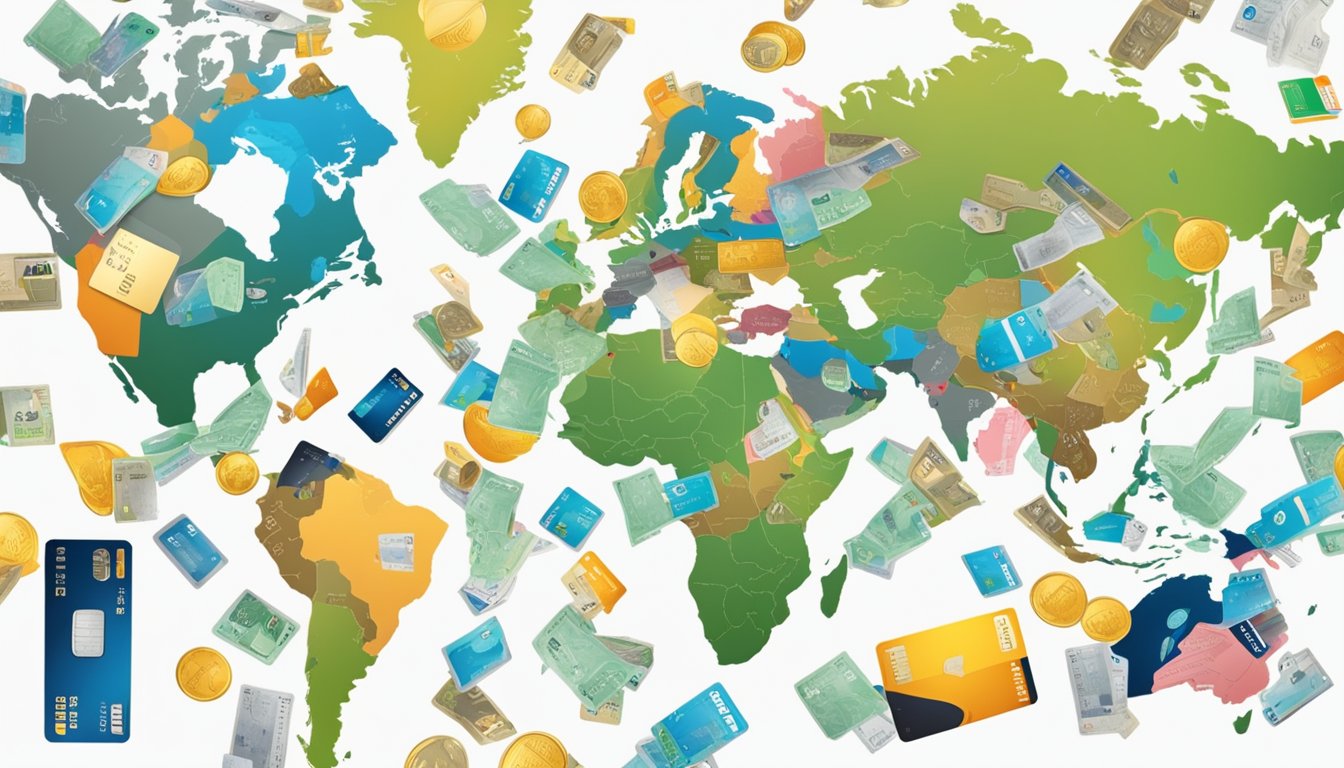 A world map with a prominent focus on Singapore, surrounded by various credit cards and financial terms