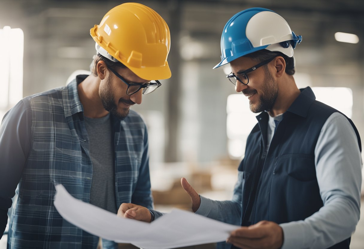 A construction site with a blueprint, tools, and materials. A contractor discussing plans with a client. Clear communication and understanding evident