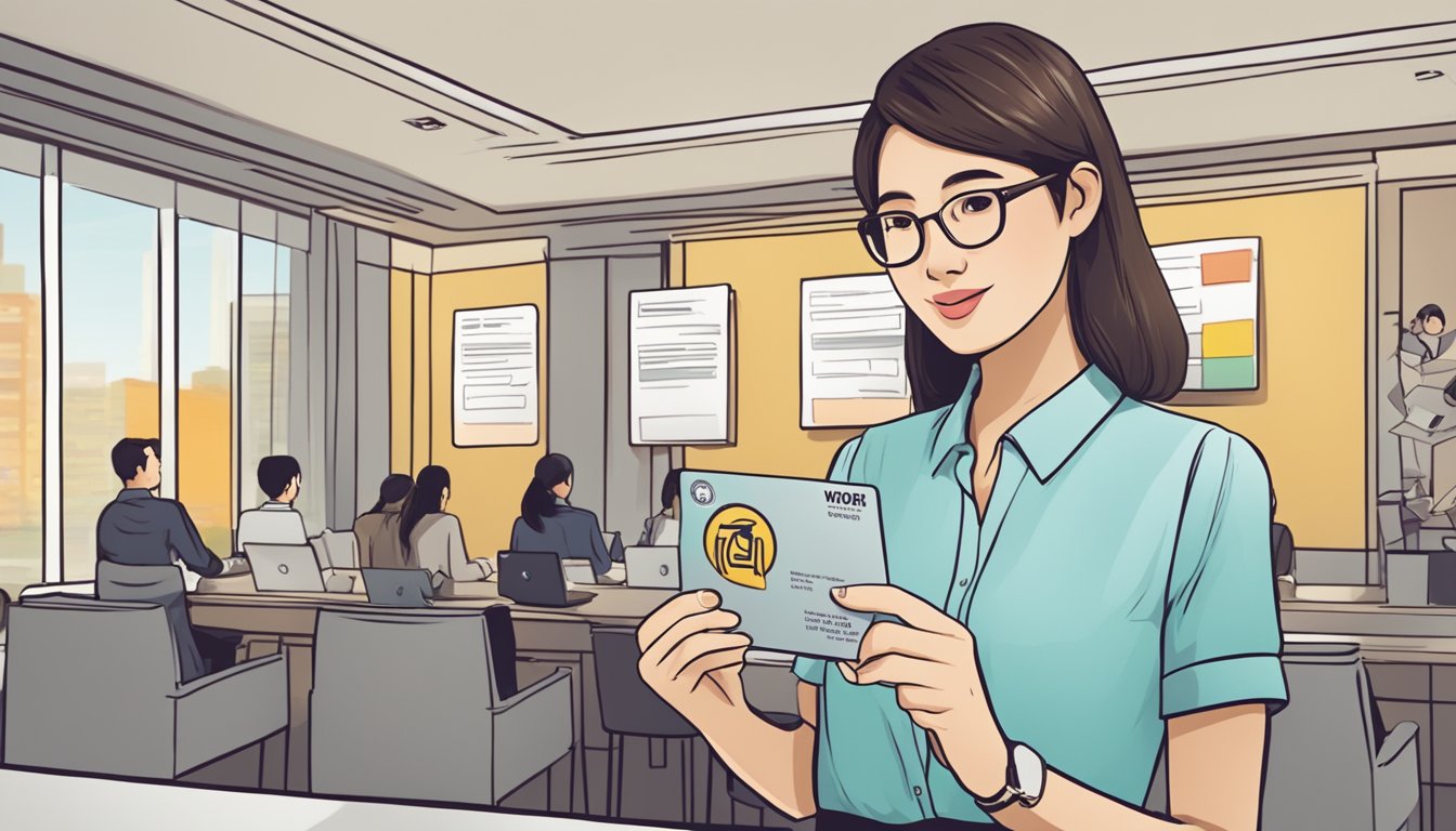 A woman in Singapore holds a "Frequently Asked Questions" card for DBS World