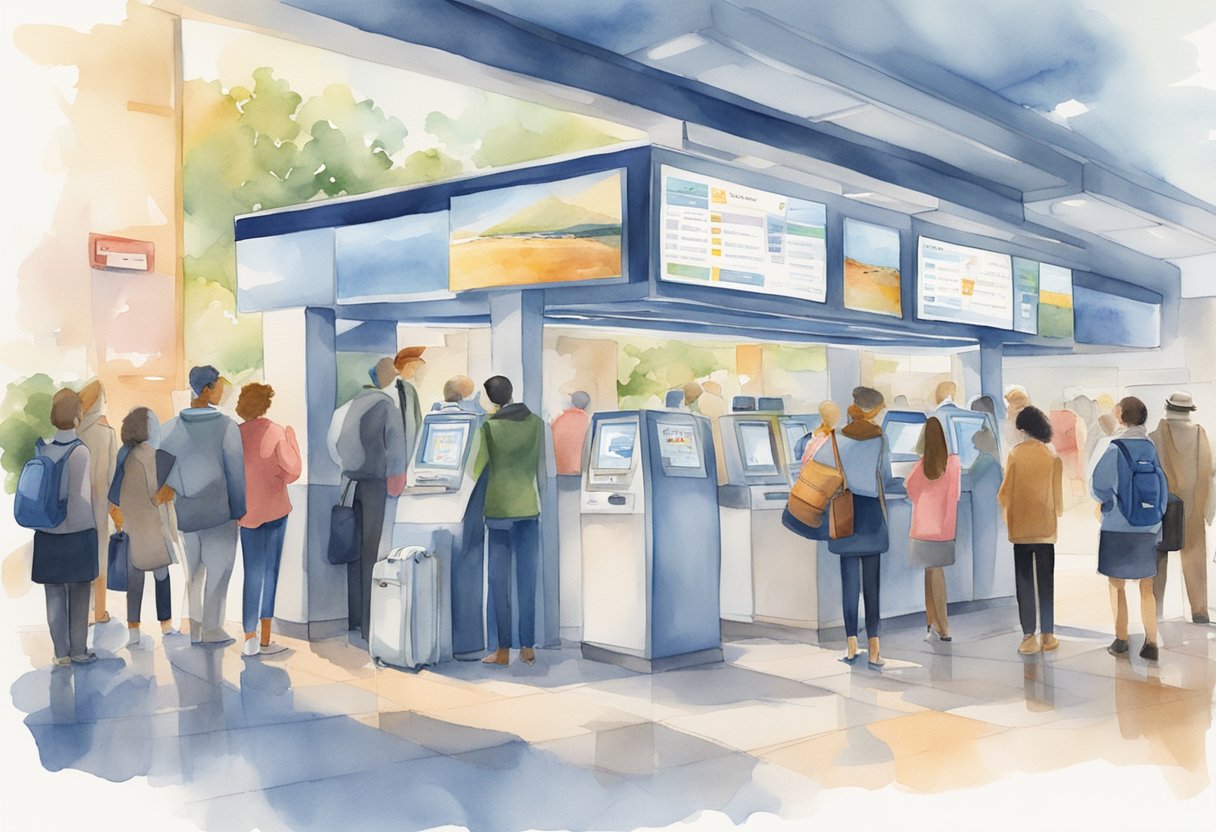 Passengers lining up at a Computicket travel kiosk, with a large digital screen displaying various destinations and ticket options. The kiosk is surrounded by luggage and travel accessories