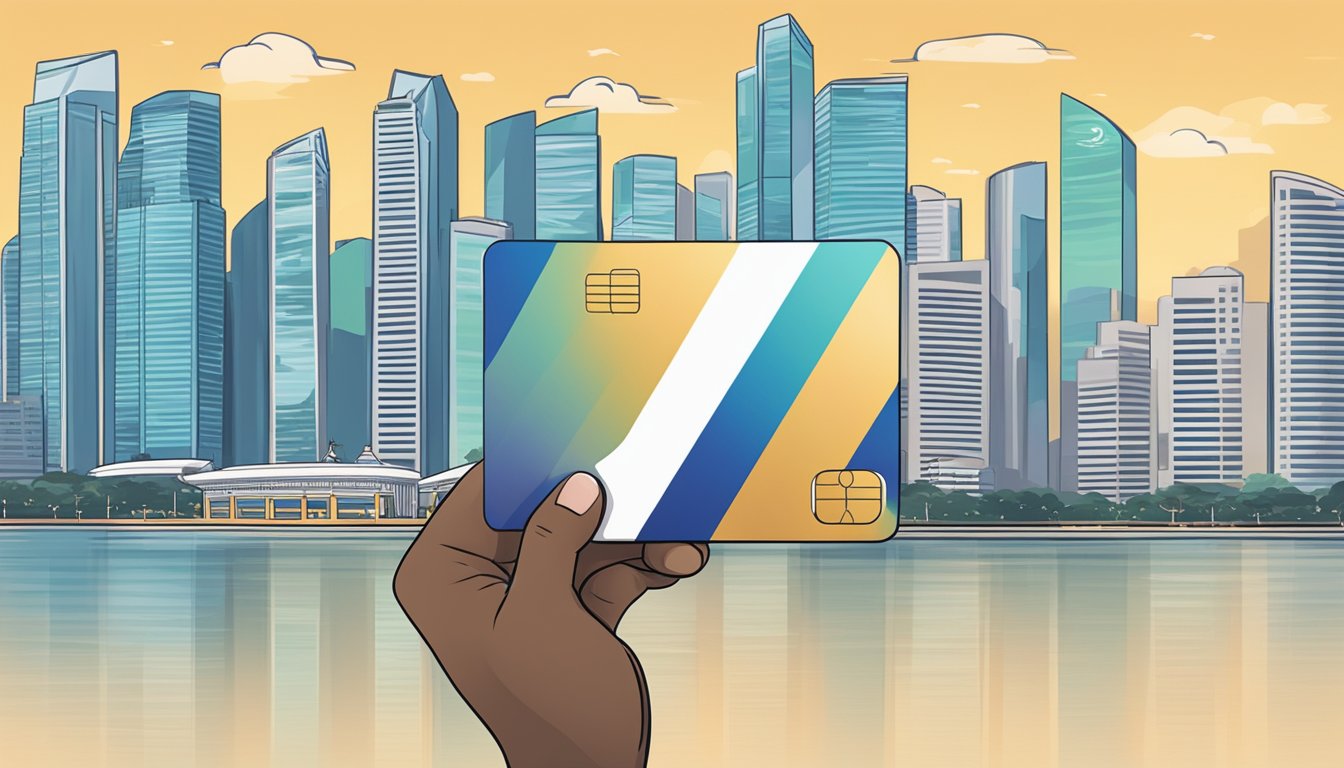 A hand holding a debit card with the Singapore skyline in the background