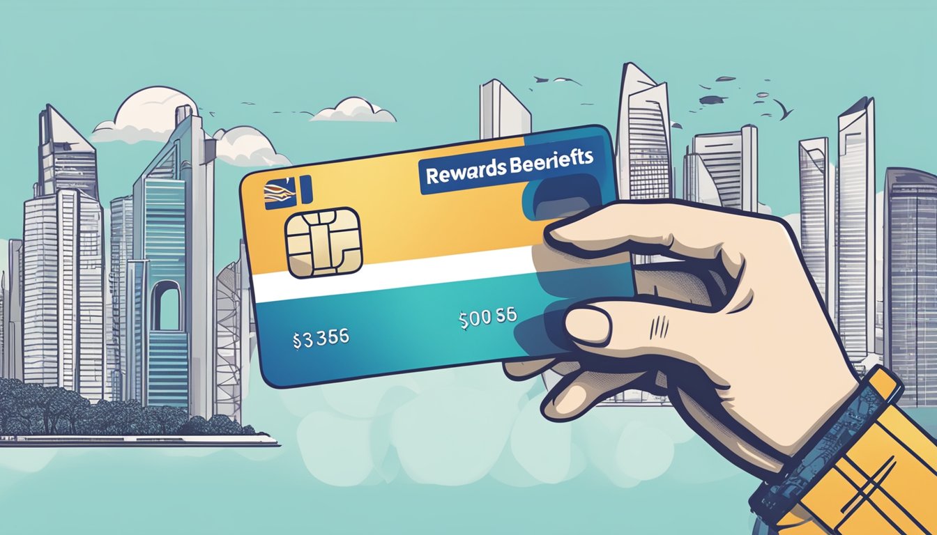 A hand holding a debit card with "Rewards and Benefits" written on it, against a backdrop of iconic Singapore landmarks and symbols