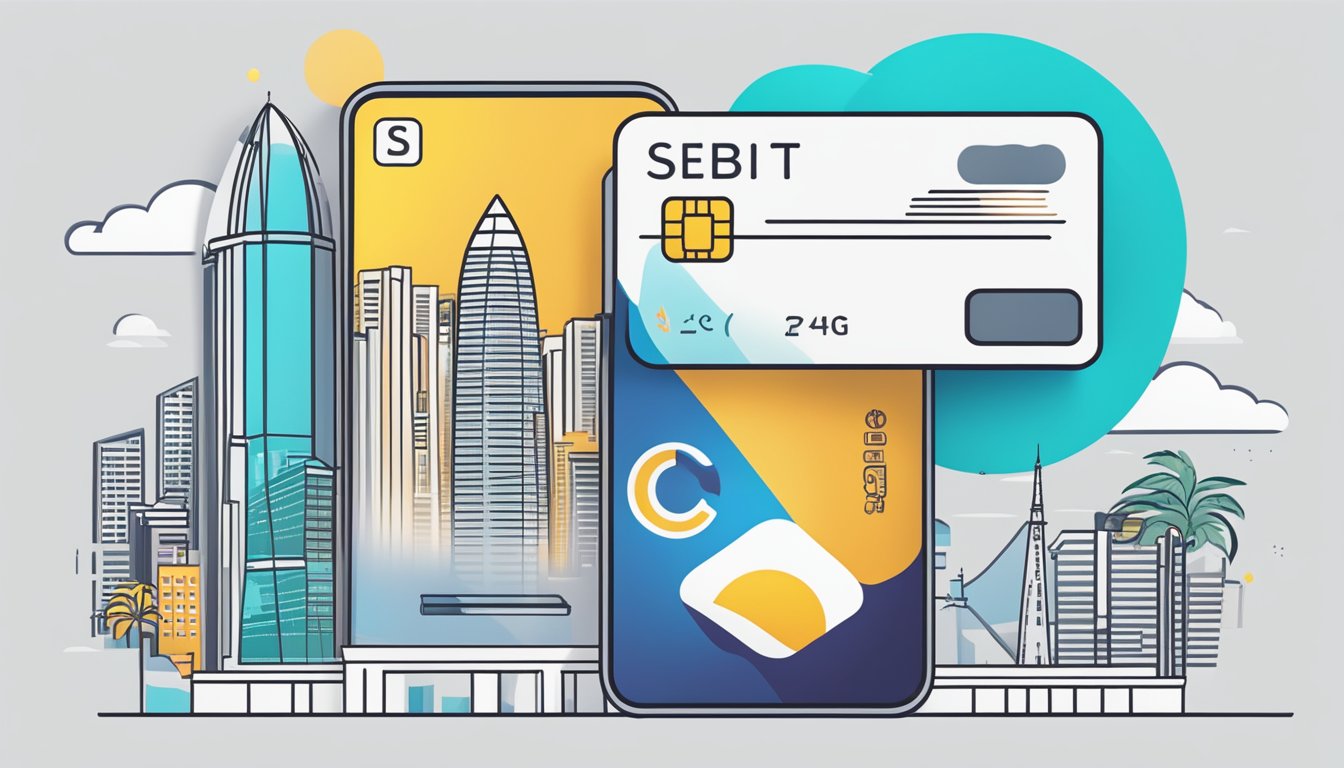 A digital device hovers over a debit card, with a contactless payment symbol visible, against a backdrop of iconic Singapore landmarks
