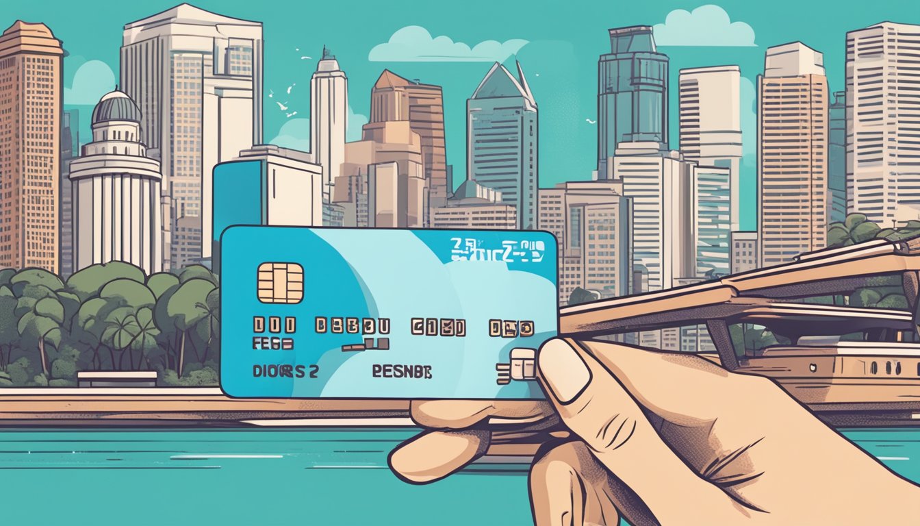 A hand holding a debit card with "Frequently Asked Questions" written on it, against the backdrop of iconic Singapore landmarks