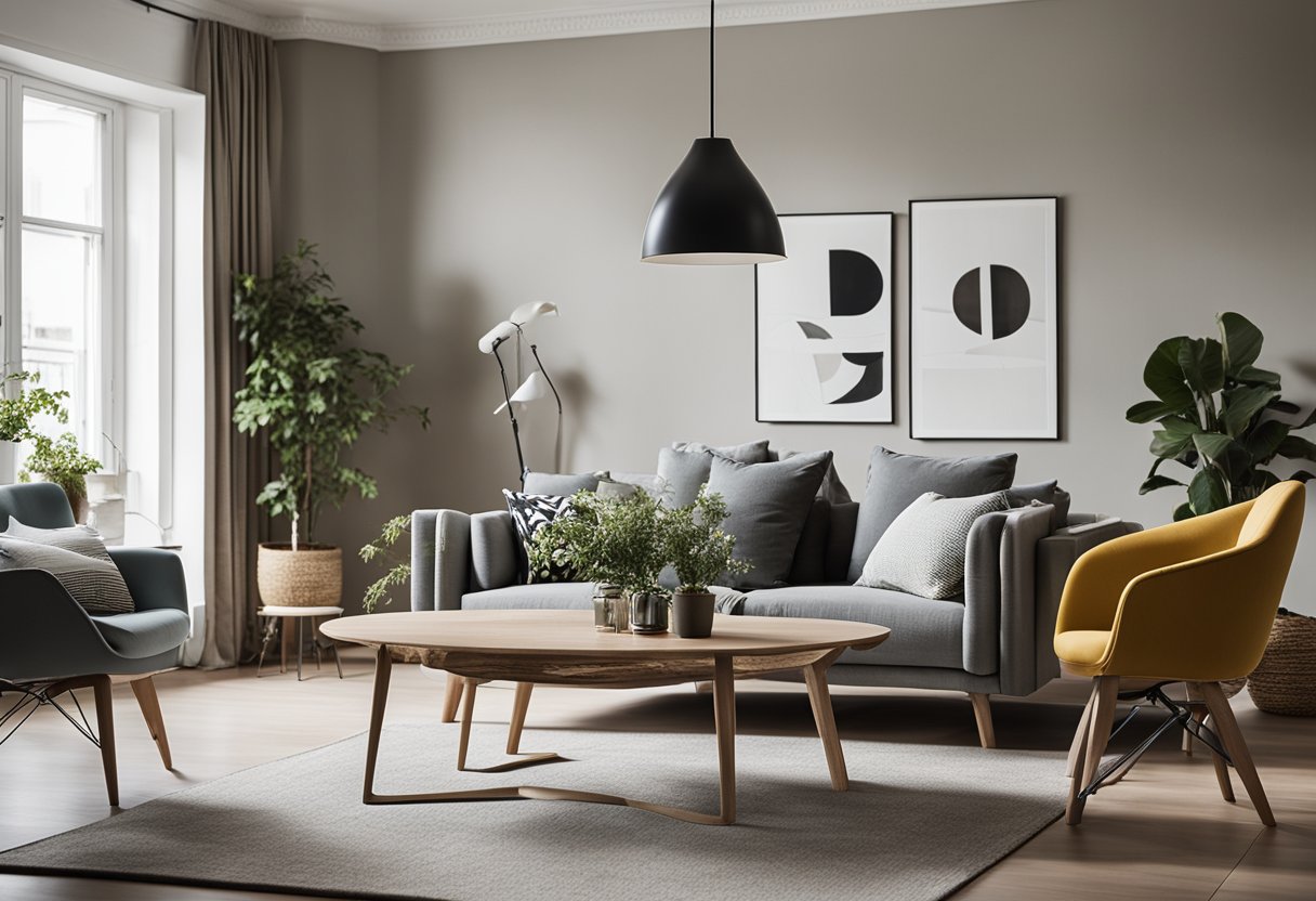 2024 home color trends in Denmark: A minimalist living room with muted tones, natural materials, and pops of bold colors in decor