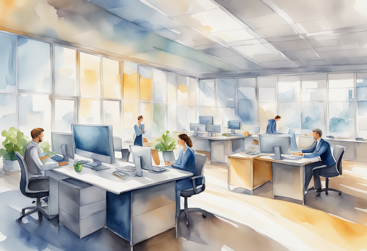 A bright and modern office setting with a team of professionals working together on computers and discussing financial documents