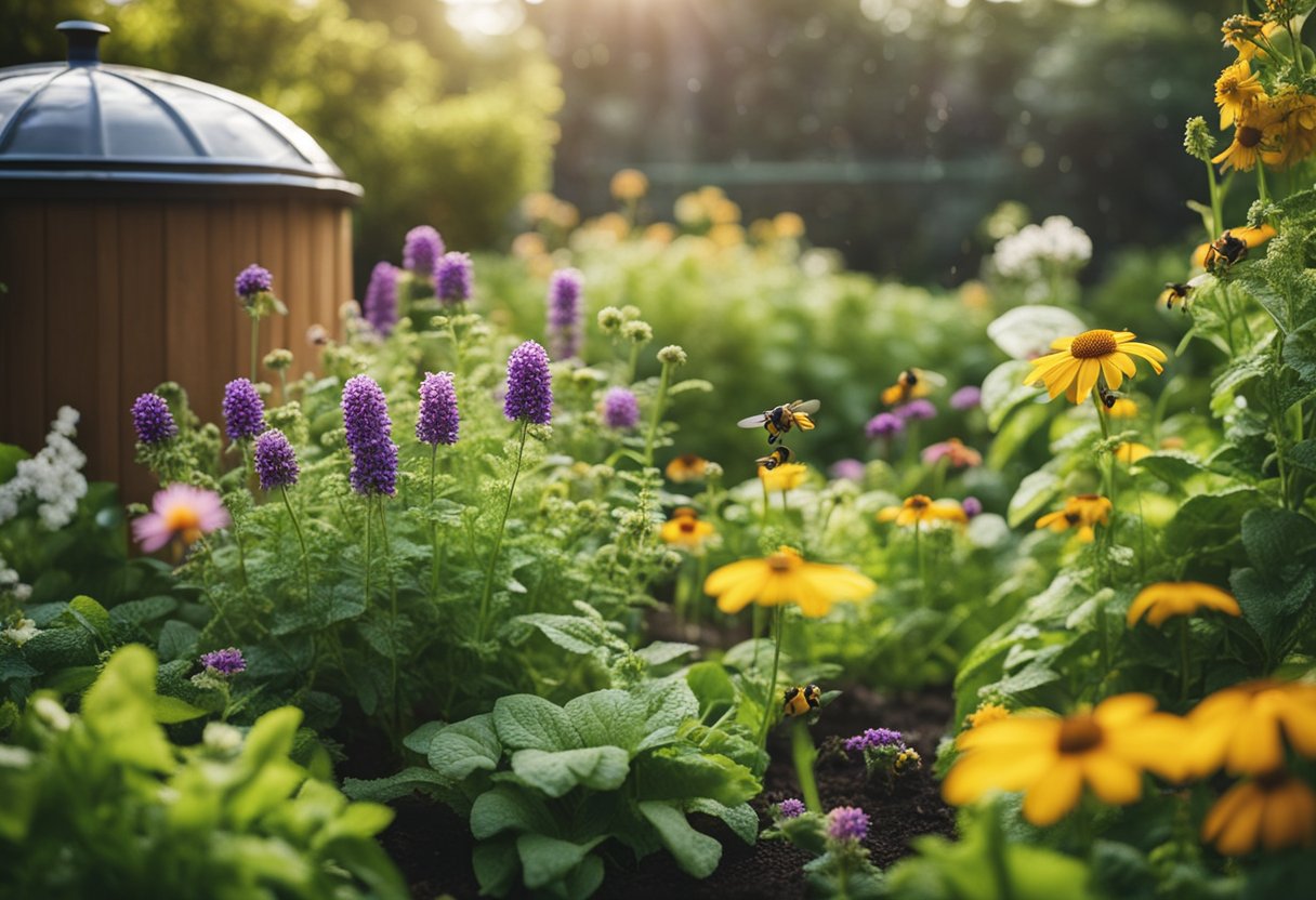 Lush garden with organic produce, buzzing bees, and colorful flowers. A serene setting with a compost bin and rain barrel