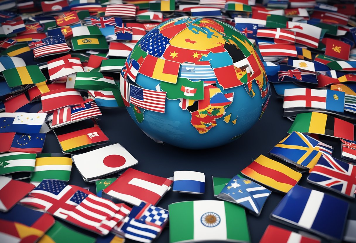 A globe surrounded by flags from different countries, a laptop displaying "Best Online MBA in International Business Degree Programs."