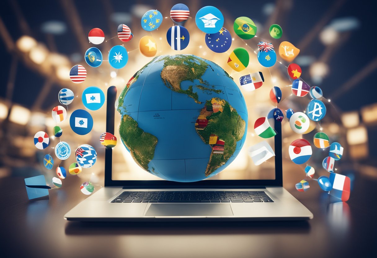 A globe surrounded by virtual icons of business, finance, and international flags, with a laptop displaying "Best Online MBA in International Business Degree Programs."