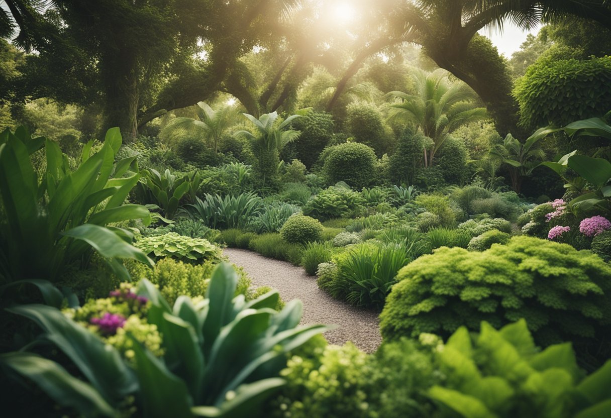 A lush garden with diverse plant life and thriving ecosystems. In the background, a healthy environment with clean air and vibrant wildlife