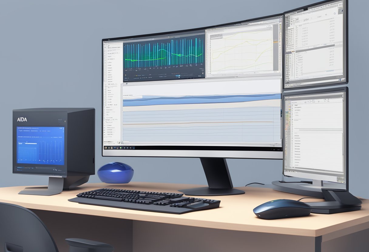 A computer monitor displaying AIDA64 software with a GPU benchmarking test in progress, with a keyboard and mouse nearby for control