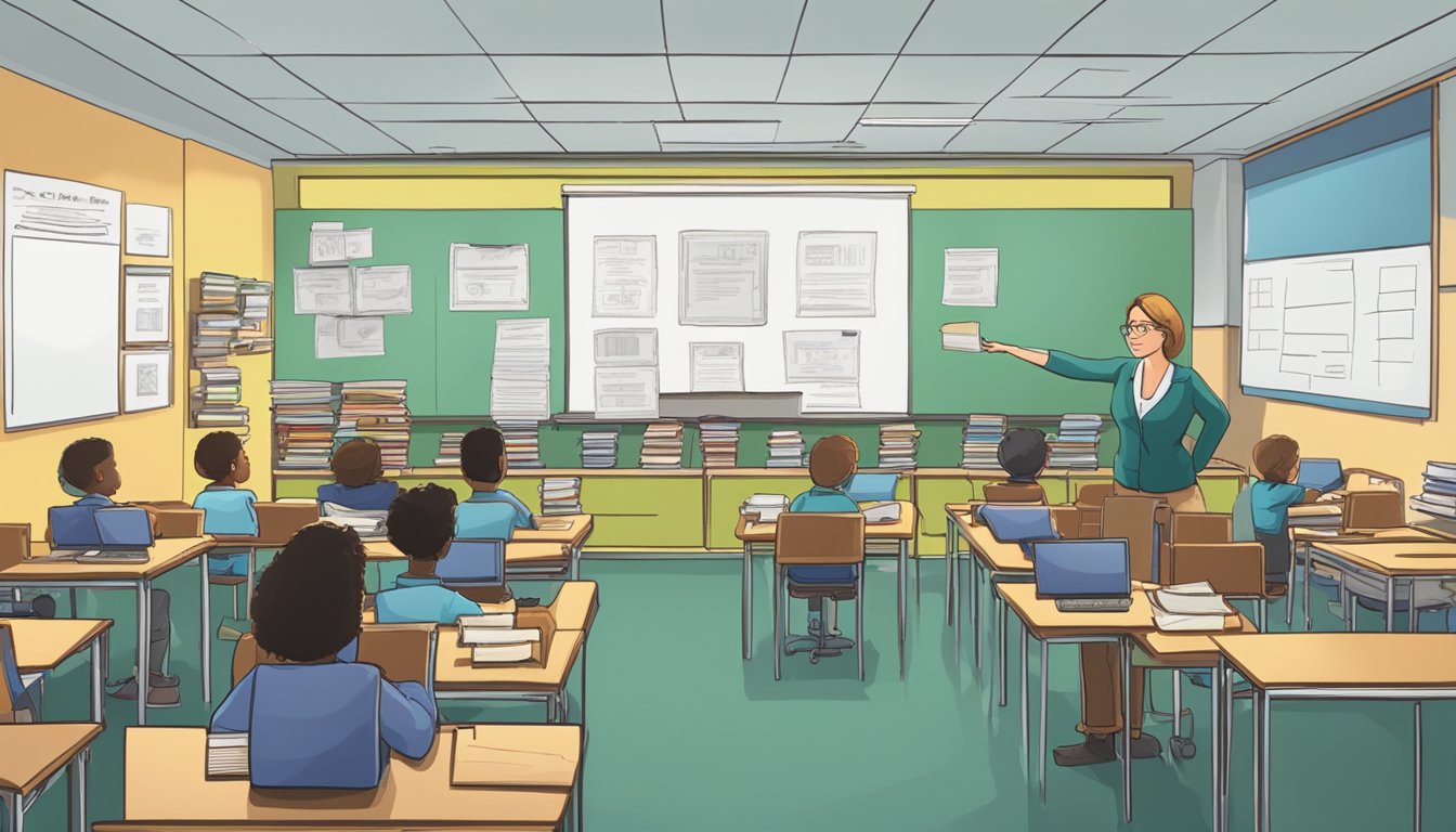 A classroom setting with books, computers, and a teacher guiding students. A diploma and work experience certificates on the wall. A paycheck with a large sum written on it
