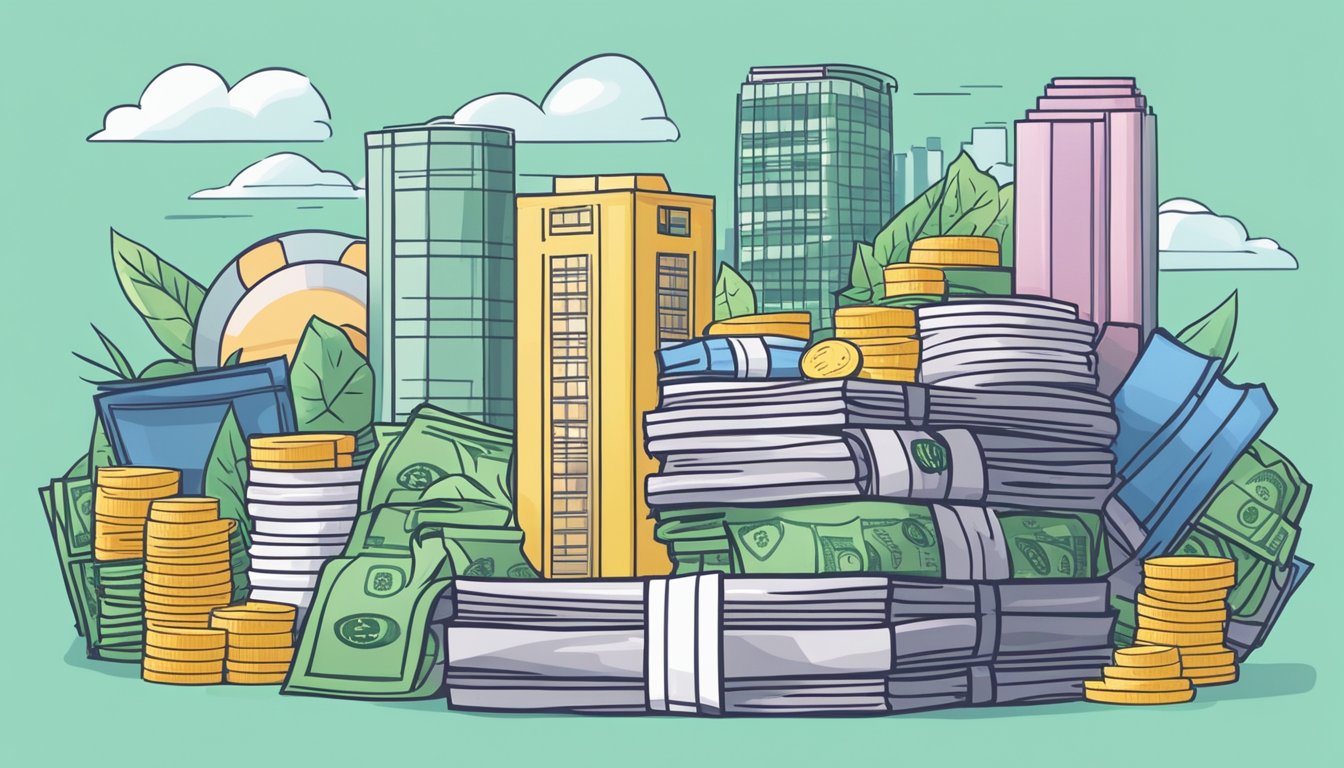 A stack of cash representing a decent salary in Singapore, surrounded by symbols of the cost of living such as housing, transportation, and groceries