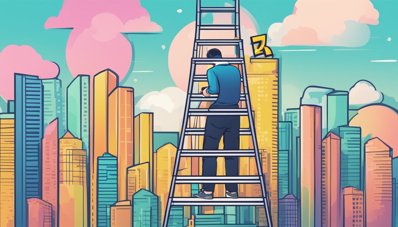 A person climbing a ladder with a dollar sign at the top, against a backdrop of the Singapore skyline