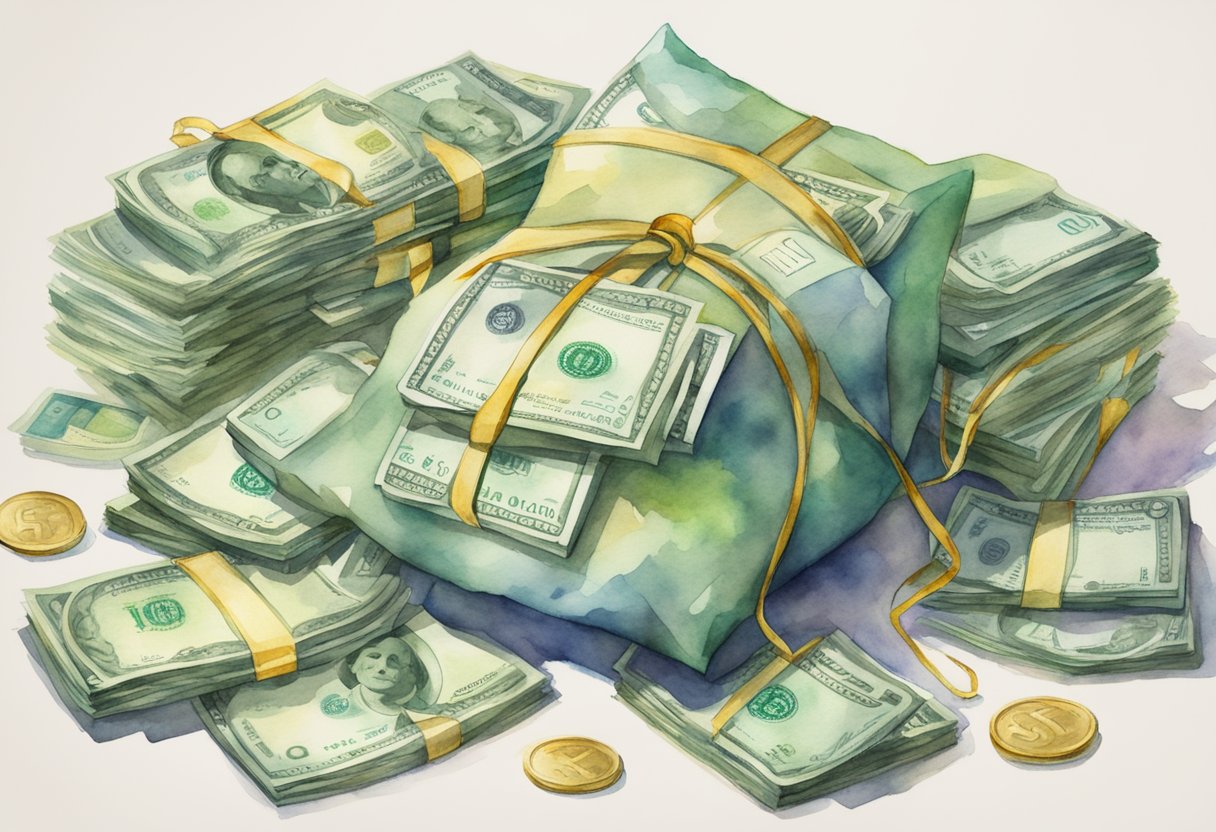 A stack of money bags with "boodle loans" written on them, surrounded by paperwork and a calculator