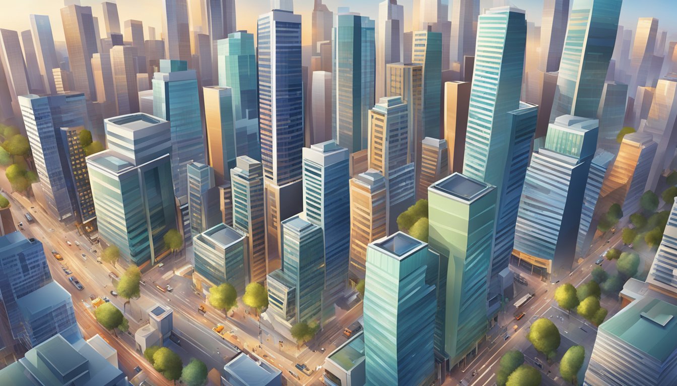 A bustling cityscape with a prominent "Frequently Asked Questions" sign, surrounded by modern skyscrapers and a sense of professional activity