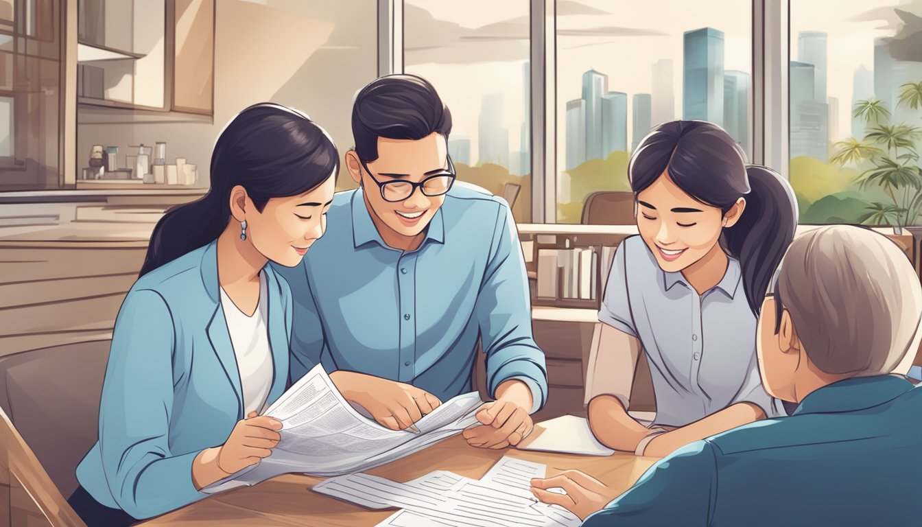 A family reviews a brochure on a deferred payment scheme in Singapore, surrounded by real estate listings and financial documents