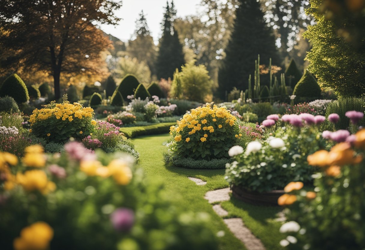 A lush garden with changing seasons, from blooming flowers to winter snow. Create a year-round outdoor space for relaxation and entertainment