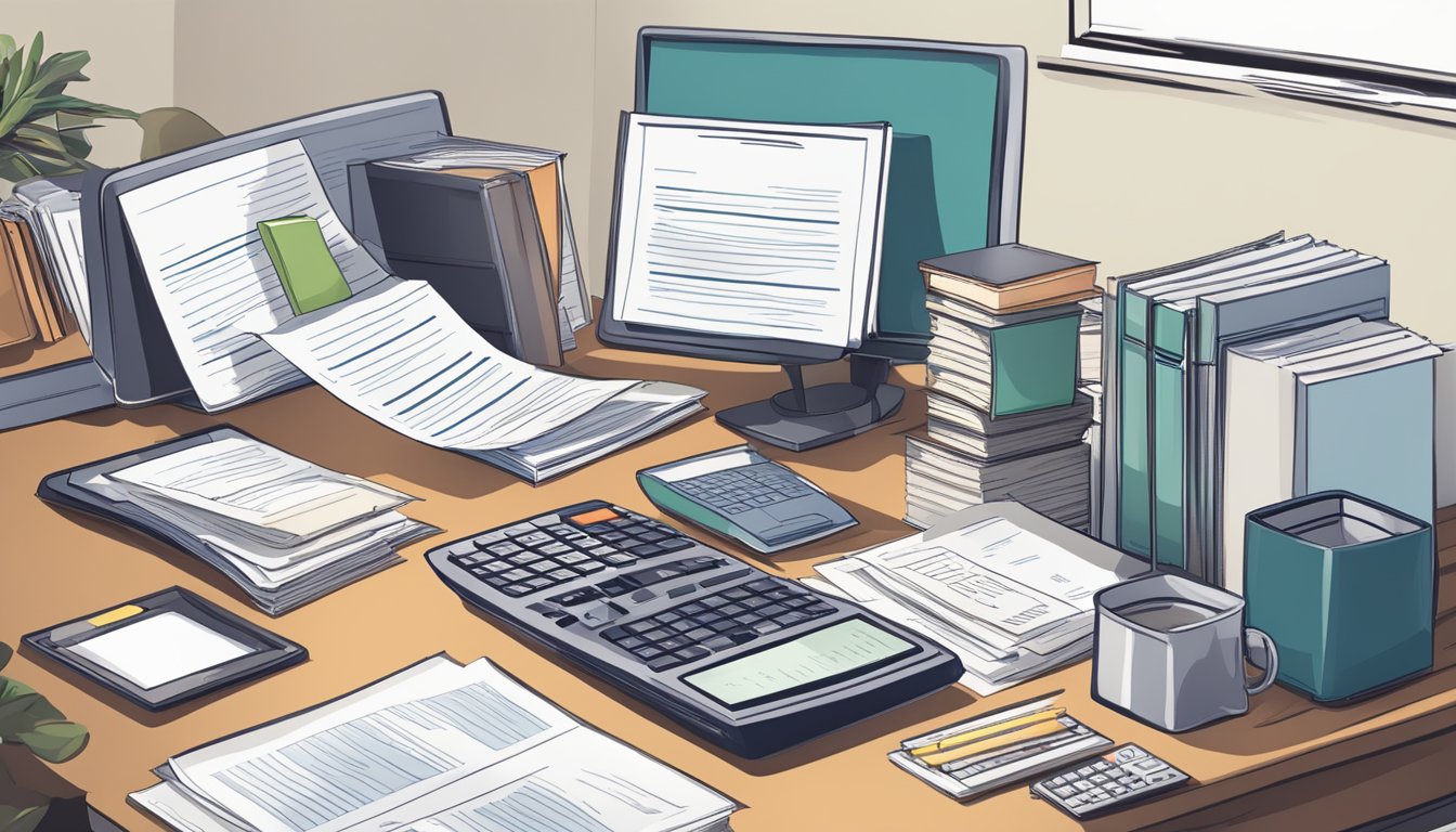 An office desk with legal documents, a computer, and a stack of regulations. A person navigating through the paperwork with a pen and calculator