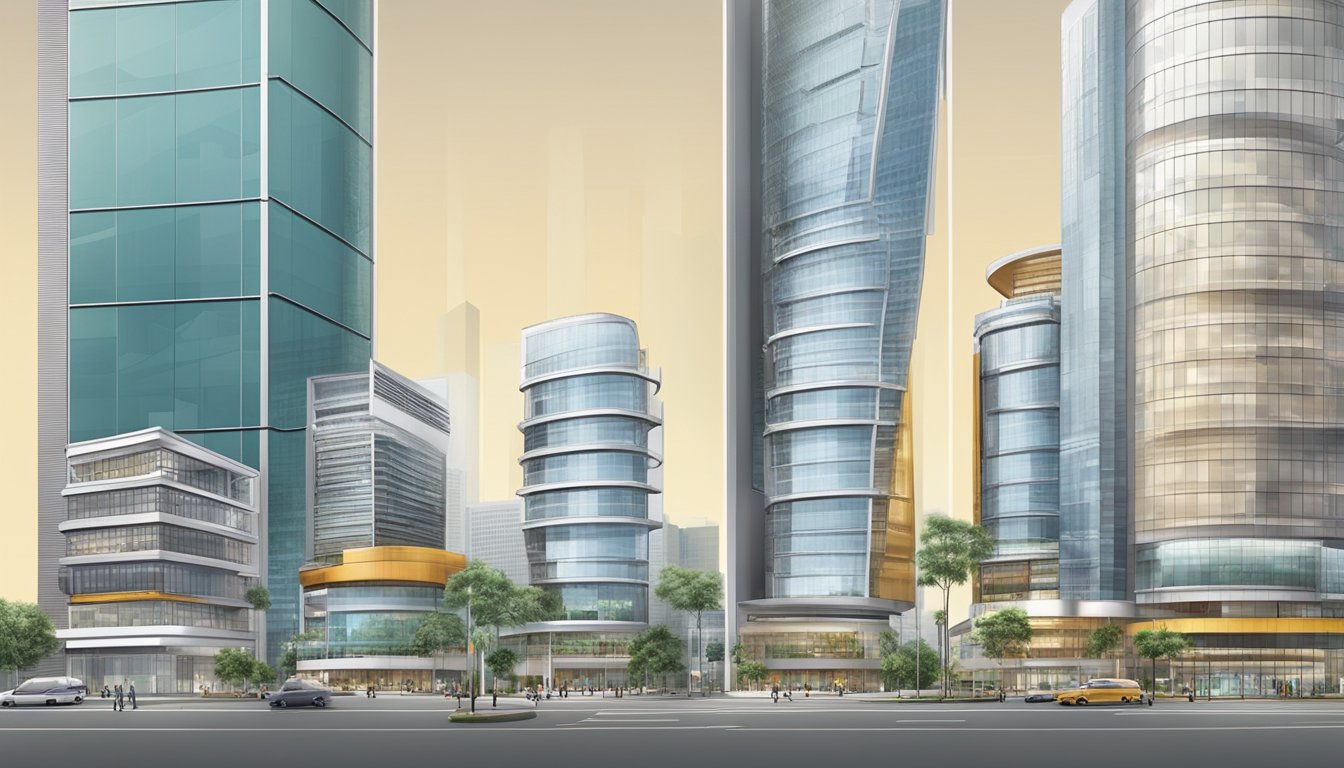 The evolution of DBS development bank of Singapore, from its founding to modern day, displayed through a series of architectural structures and technological advancements