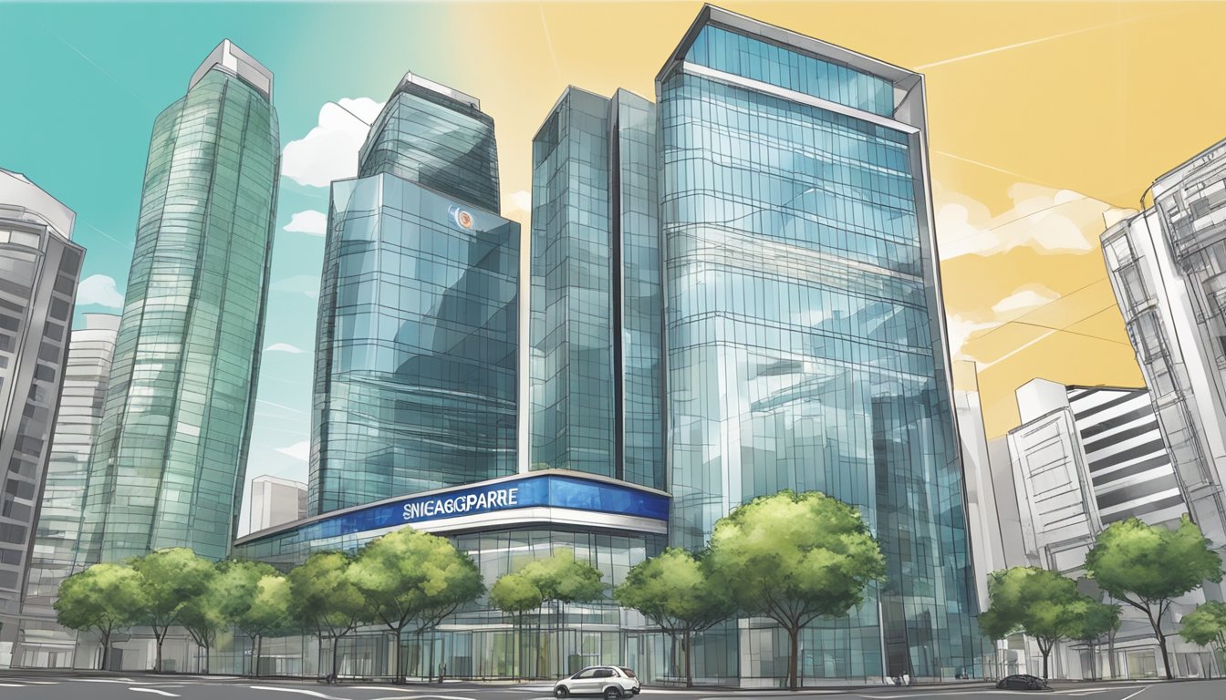 A modern, sleek bank building in Singapore with a prominent "Operational Excellence Development Bank" sign. Surrounding skyscrapers reflect in the glass facade