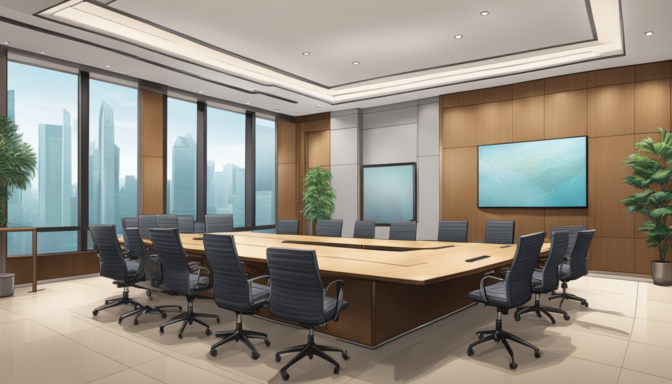 The boardroom of the Development Bank of Singapore, with executives discussing corporate governance and culture. A large conference table, modern decor, and a professional atmosphere